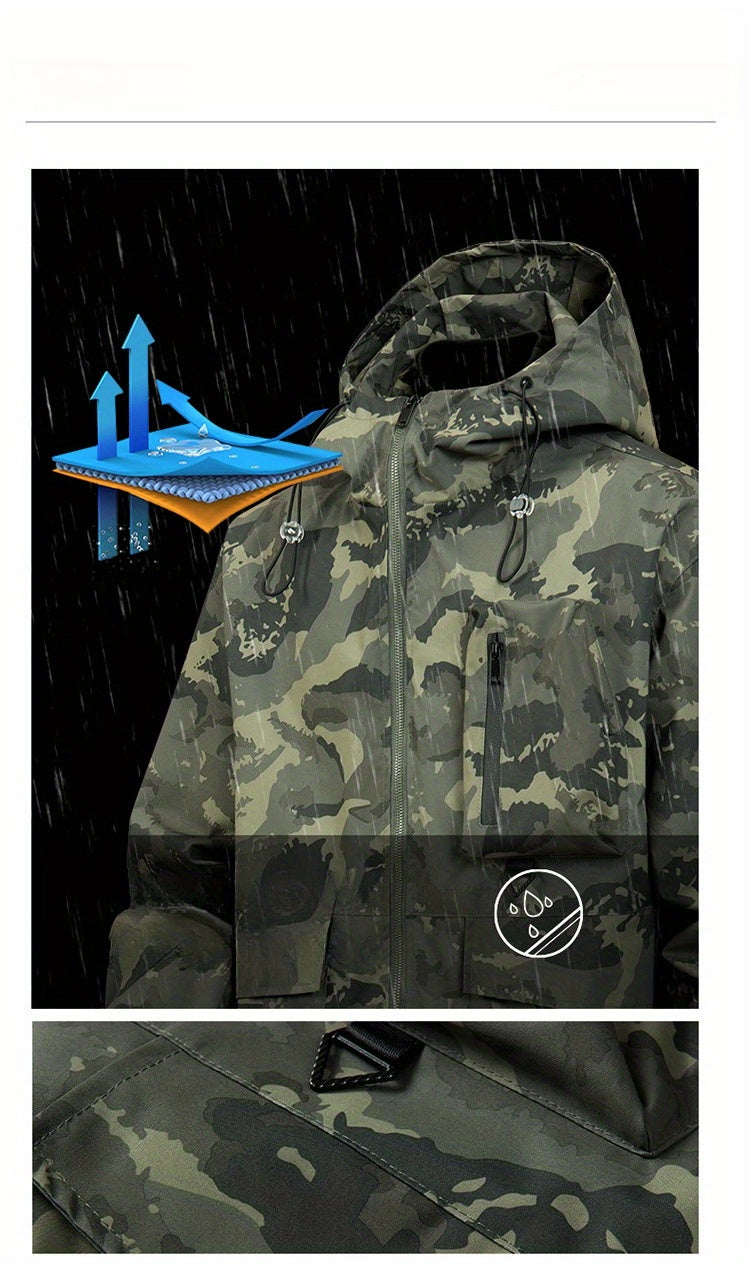 Men's Camouflage Hooded Jacket with Full-Zip Closure & Camo-Lining - Green/Brown/Tan Outdoor Coat, Machine-Washable Polyester for Hiking, Hunting, Army-Style Windbreaker, Hoodies For Men, Camouflage For Men, Camouflage Clothi