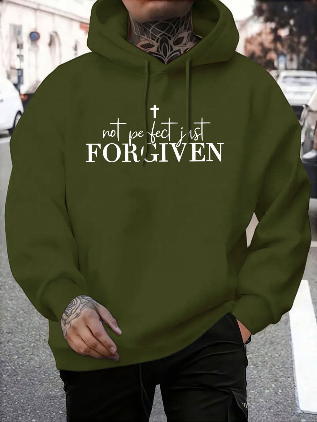 Men's Grey Christian Faith Hooded Sweatshirt with "Not Perfect FORGIVEN" Cross Print - Casual Sporty Pullover, Front Pocket & Adjustable Hood, Spring/Fall Winter Warm Sweater (Machine Washable) Religious Apparel, Hoodies For