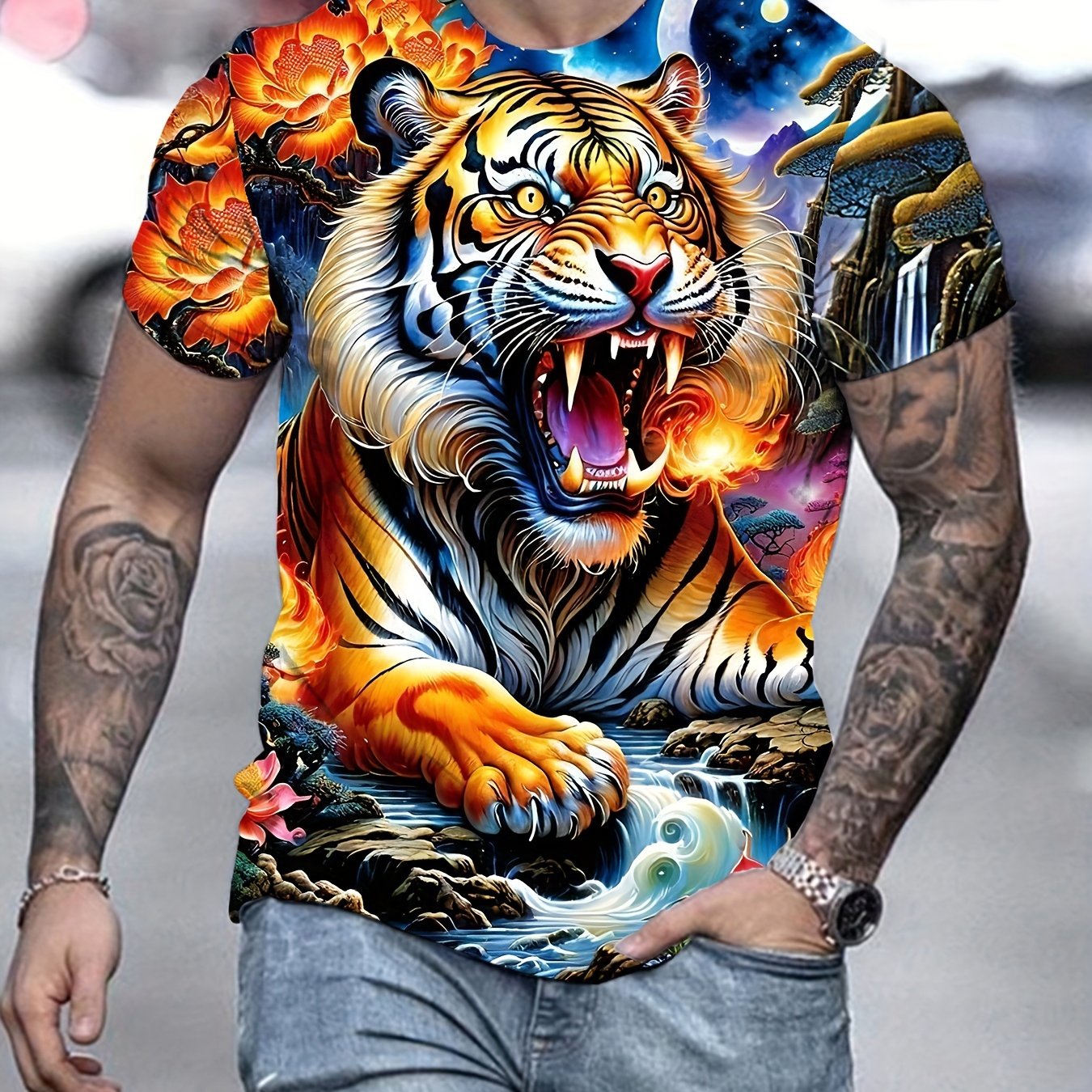 Mens Tiger Print T-Shirt - Lightweight & Breathable Casual Tee with Crew Neck - Perfect for Outdoor Adventures, All-Day Comfort - Short Sleeve, Stylish Mens Clothing