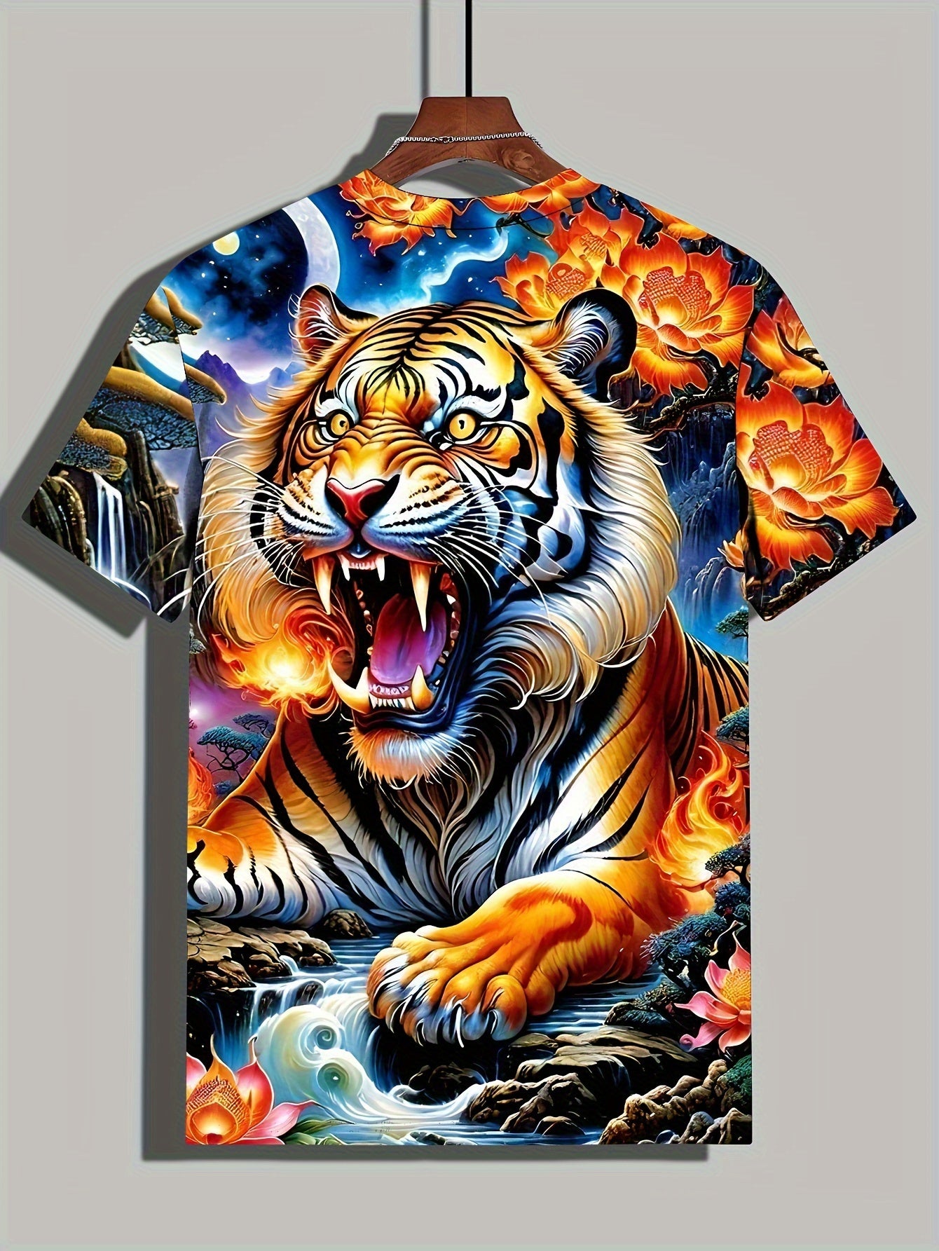 Mens Tiger Print T-Shirt - Lightweight & Breathable Casual Tee with Crew Neck - Perfect for Outdoor Adventures, All-Day Comfort - Short Sleeve, Stylish Mens Clothing