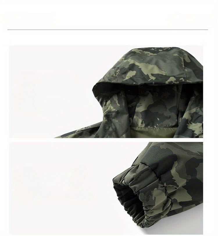 Men's Camouflage Hooded Jacket with Full-Zip Closure & Camo-Lining - Green/Brown/Tan Outdoor Coat, Machine-Washable Polyester for Hiking, Hunting, Army-Style Windbreaker, Hoodies For Men, Camouflage For Men, Camouflage Clothi