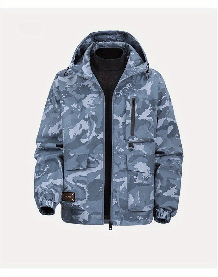 Men's Camouflage Hooded Jacket with Full-Zip Closure & Camo-Lining - Green/Brown/Tan Outdoor Coat, Machine-Washable Polyester for Hiking, Hunting, Army-Style Windbreaker, Hoodies For Men, Camouflage For Men, Camouflage Clothi