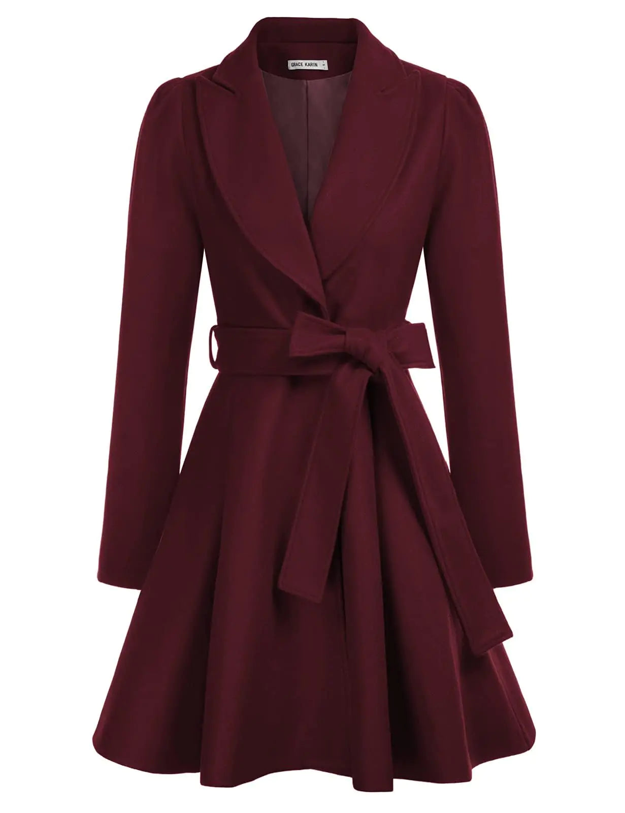 GRACE KARIN Womens Coat Wrap Waist Winter Fall Warm Overcoat with Tie Belt Wine Red Medium
