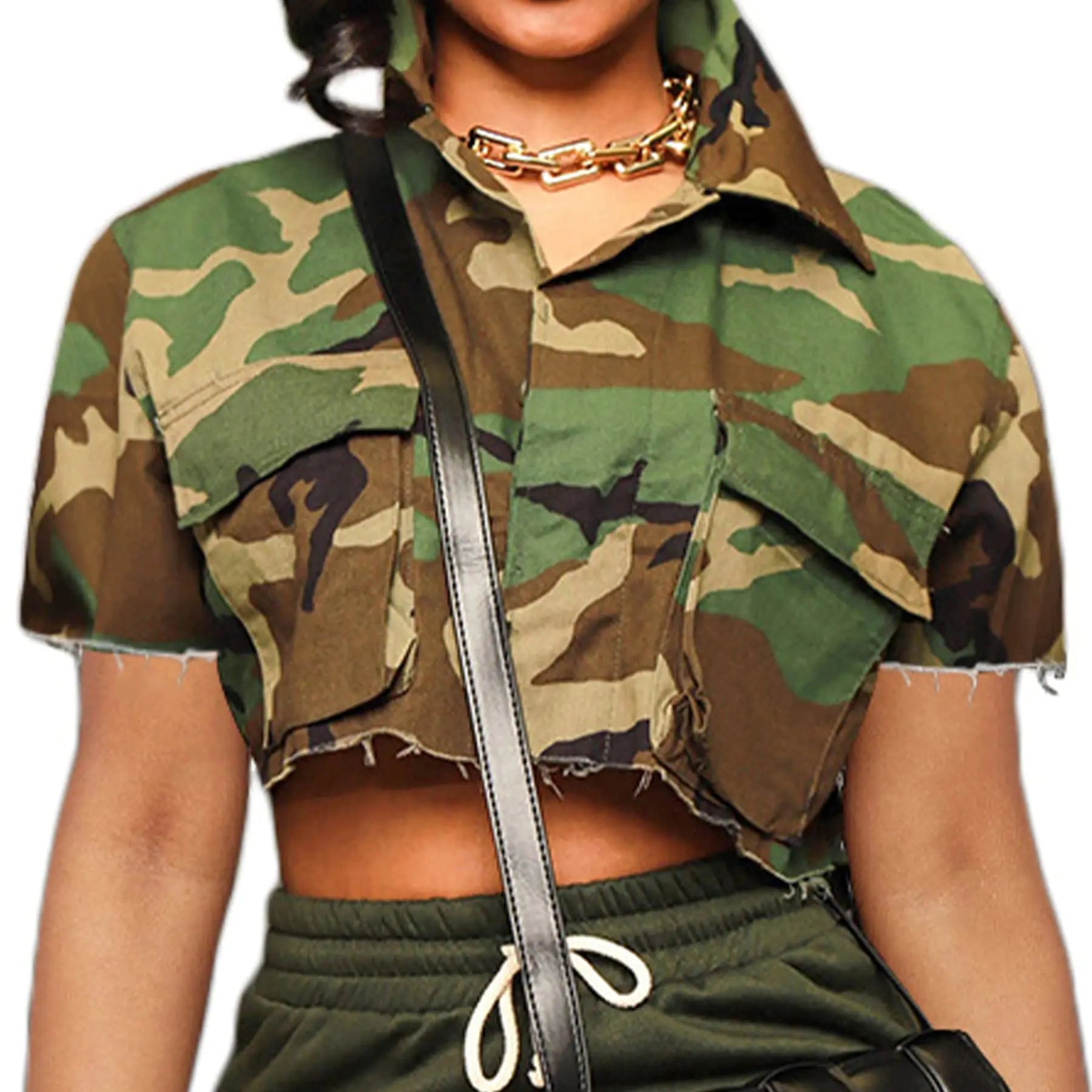 Voghtic Womens Camouflage Shacket Jacket Coat Short Sleeve Button Down Distressed Casual Crop Coat