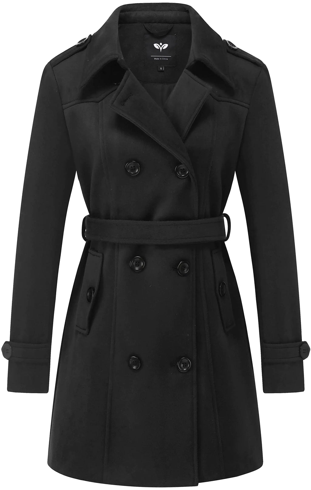 GGleaf Womens Double Breasted Pea Coat Slim Winter Mid-Long Trench Coat with Long Belt Black X-Large